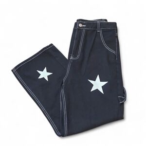 High Rise Wide Leg Ankle Length Star-Embellished Black Jeans Size L NWOT